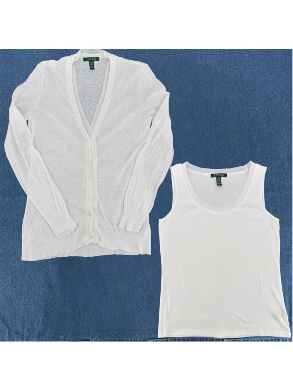 Lauren Ralph Lauren White Cardigan & Tank Top Set Linen Cotton Ribbon Trim Med